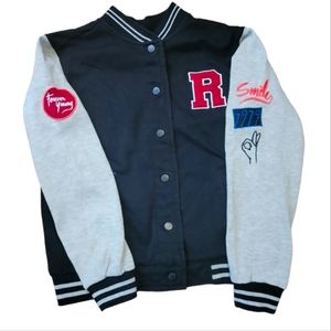 😊 HOST PK Vtg Cotton:On Varsity Jacket Sz S Forever Young Smile Okay Black Gray